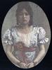 Woman in a blue dress with a pink sash