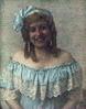 Woman with blue boatneck dress, close-up