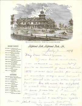 Corres. from Edward P Weston, president, Highland Hall, July 17, 1876 in response to Ms. Green.